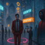 A man in a red suit walks through a futuristic plaza, his reflection wearing a Squid Game mask. Neon signs, drones, and holograms represent false freedom in a capitalist dreamworld.
