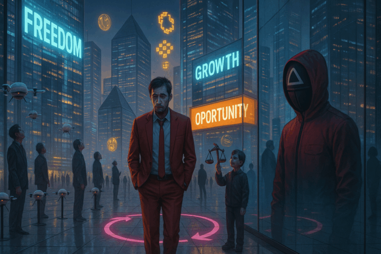 A man in a red suit walks through a futuristic plaza, his reflection wearing a Squid Game mask. Neon signs, drones, and holograms represent false freedom in a capitalist dreamworld.