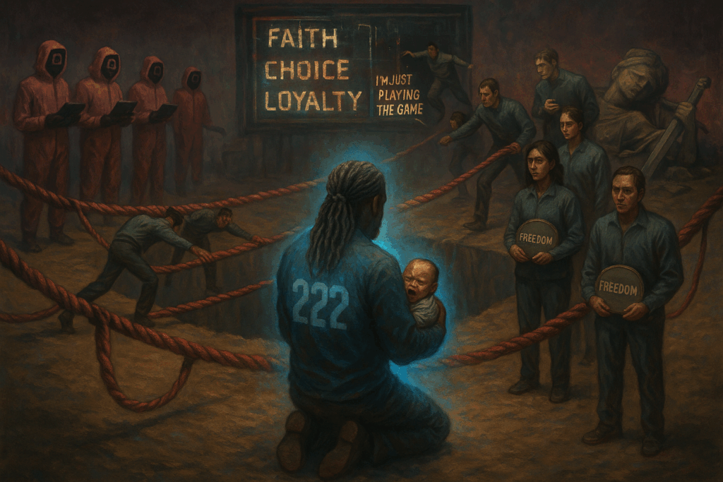 A symbolic digital painting of a dystopian playground where a man with gray dreadlocks kneels holding a baby in player uniform 222. Around him, players push others off a rope stretched over a pit. A broken scoreboard flickers with the words “Faith,” “Choice,” and “Loyalty.” The man glows with a blue aura, symbolizing compassion and defiance.