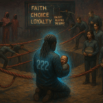A symbolic digital painting of a dystopian playground where a man with gray dreadlocks kneels holding a baby in player uniform 222. Around him, players push others off a rope stretched over a pit. A broken scoreboard flickers with the words “Faith,” “Choice,” and “Loyalty.” The man glows with a blue aura, symbolizing compassion and defiance.
