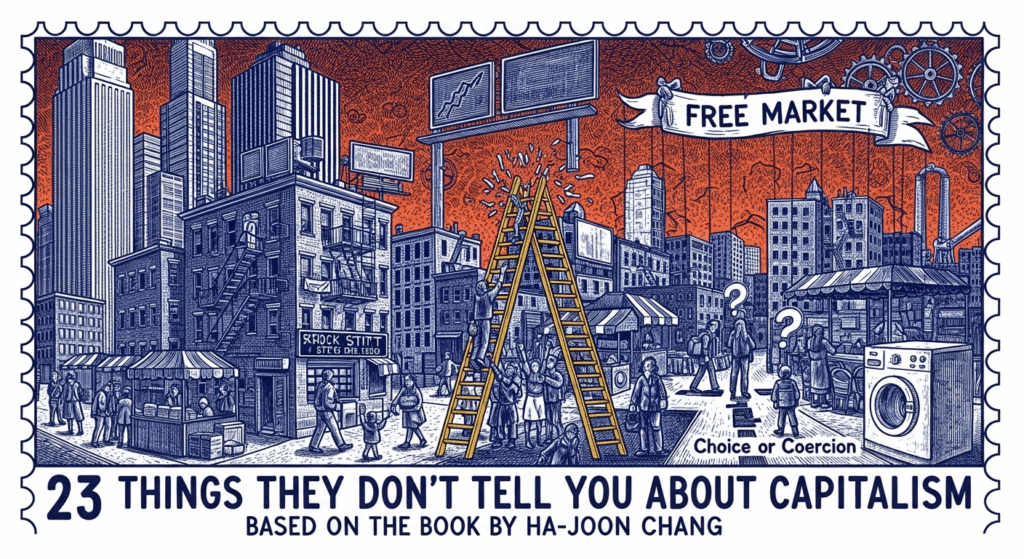 Illustrated etching of a city divided by wealth, symbolizing economic inequality and market manipulation, with text "23 Things They Don’t Tell You About Capitalism"